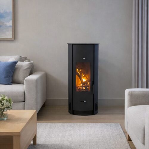 Ackeman w9 cylindrical fireplace, wood burning fireplace, steel fireplace