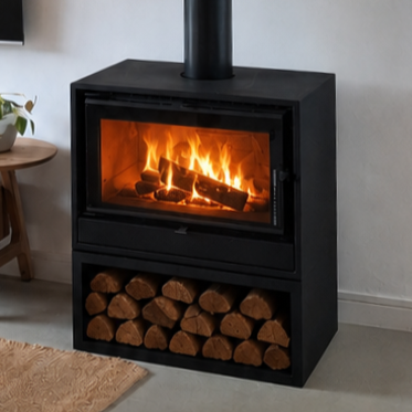 Kratki Alta FS fireplace with logbox Freestanding wood fireplace Closed combustion fireplace Wood-burning stove Steel fireplace