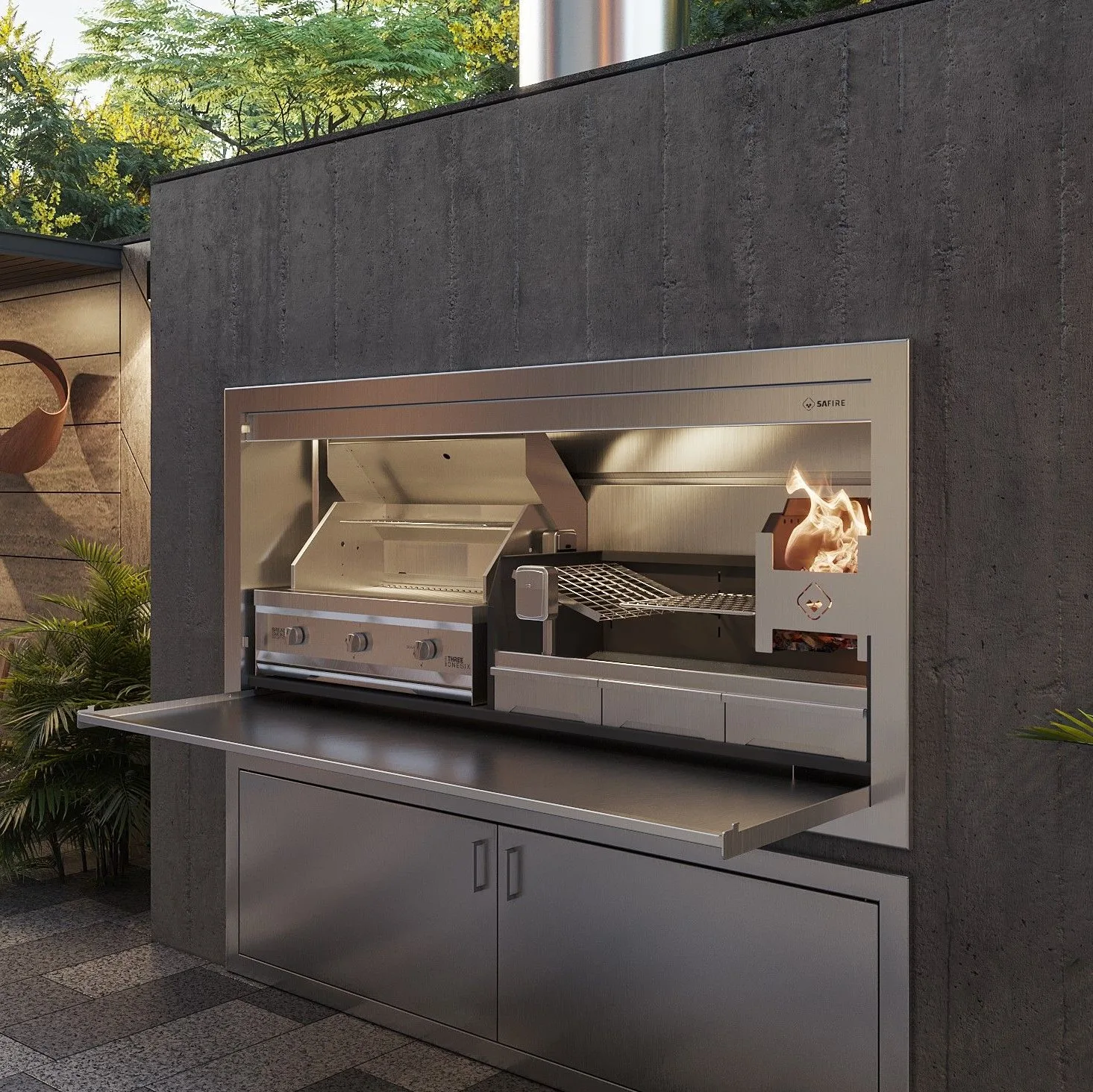 built in braai, wood and gas combo braai