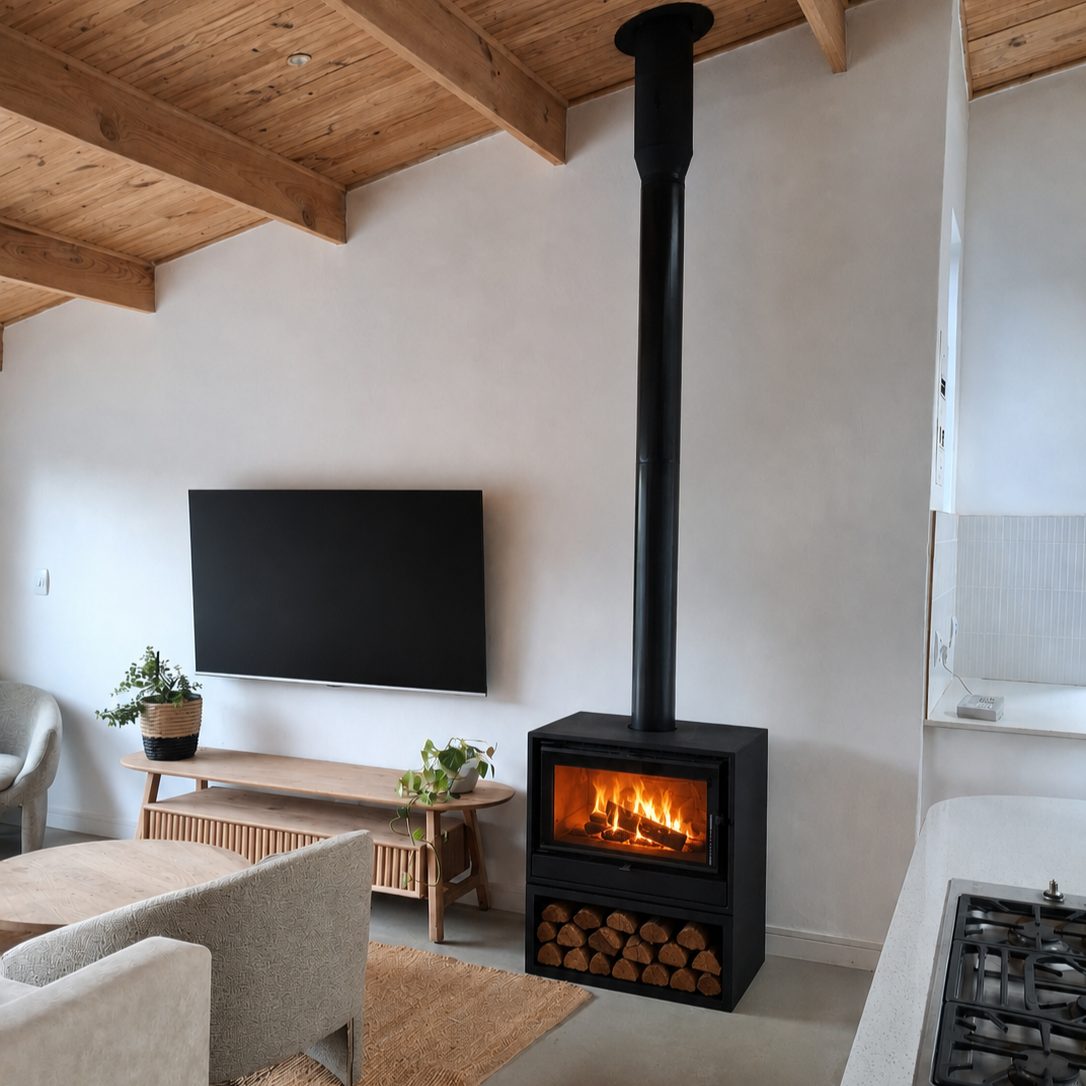 Kratki Alta FS with Logbox; Modern wood-burning fireplace; Wood fireplace South Africa; Freestanding fireplace with log storage