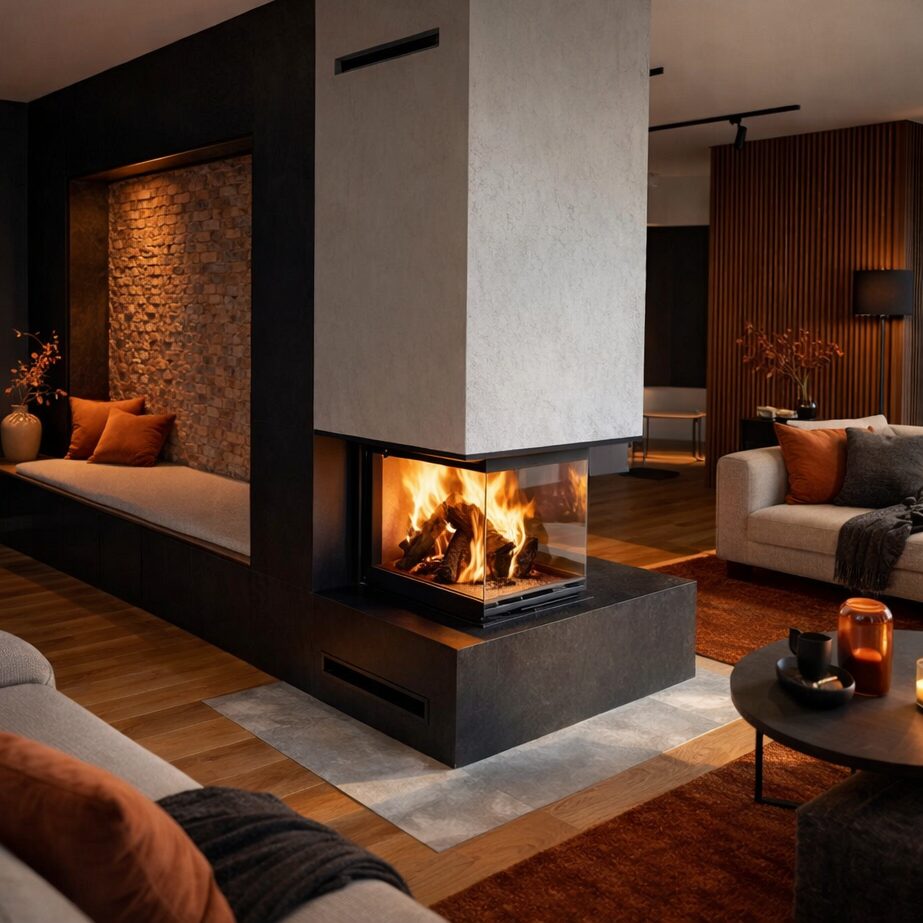 3 sided fireplace, Kratki NBU 11 Built in wood burning closed combustion fireplace