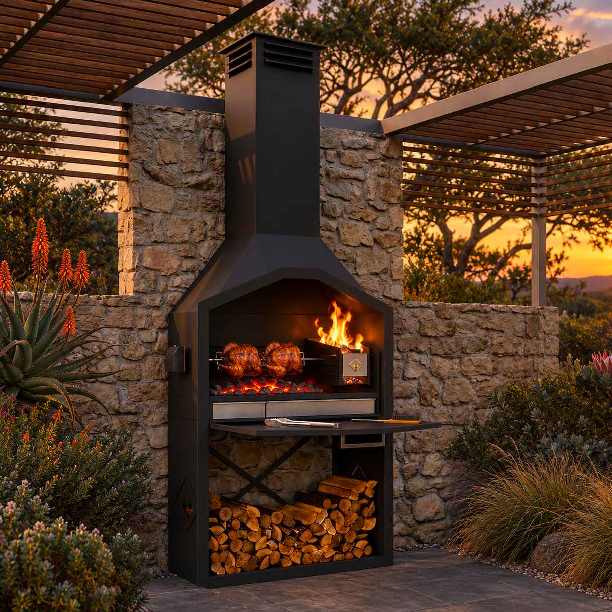 Wallart Wood-Burning Braai with Rotisserie – Outdoor Braai at Sunset